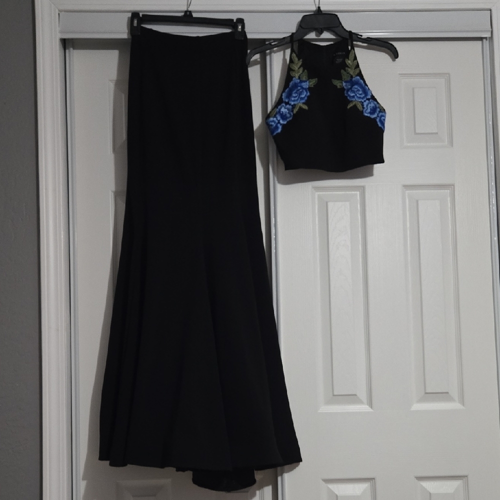 B. Darlin Black Two-Piece Set with Green Embroidered Floral Accent